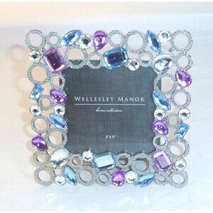 Wellesley Manor Blue Purple Jeweled Silver Rings 3x3 square Photo Frame Sparkle